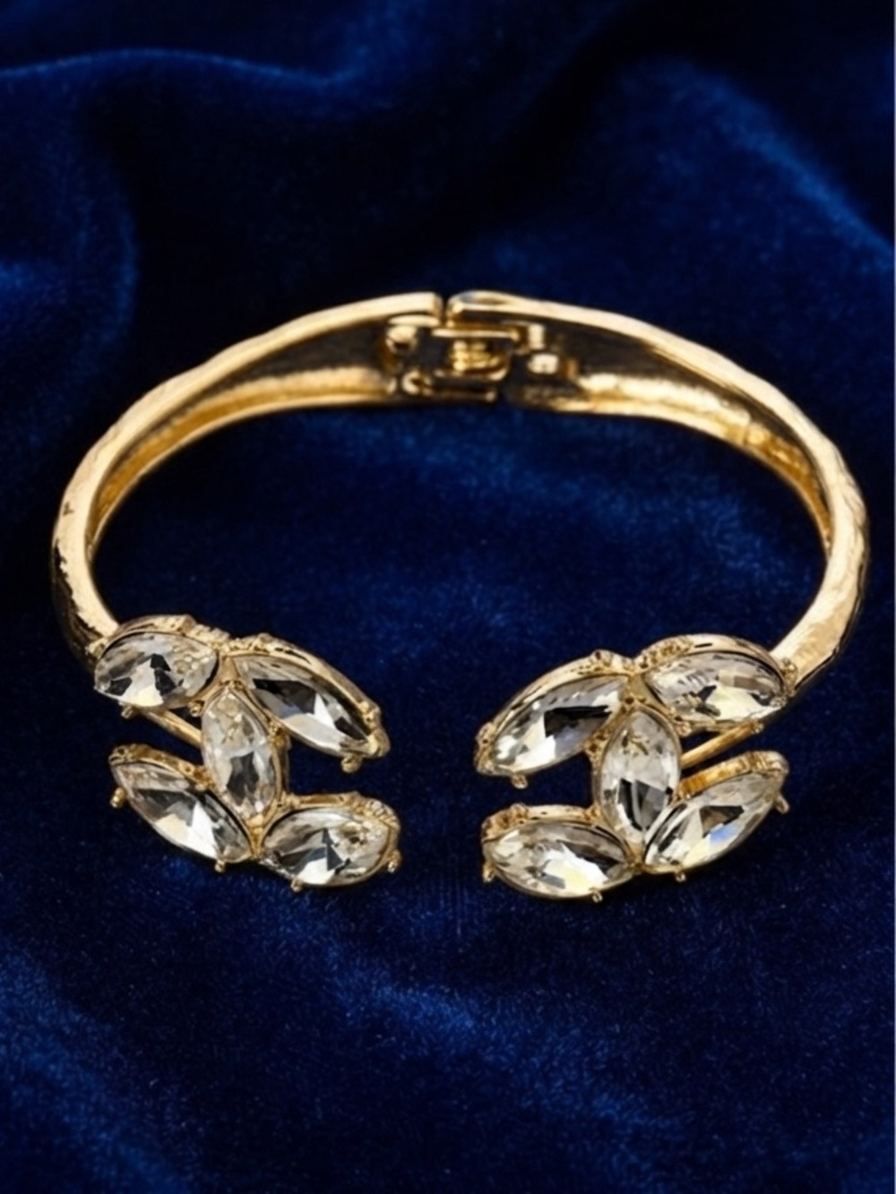 Gold Crystal Leaf Hinged Cuff Bracelet
